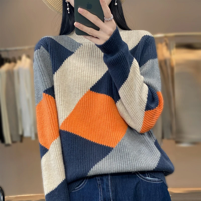 

Women New Wool Warm Soft Sweater Half-high Collar Thickened Pullover Autumn Winter Casual Knitted Diamond Color Block Top