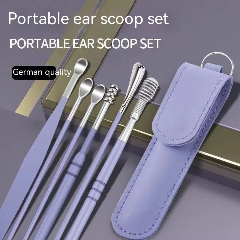 6Pcs Ear Digging Spoon Set Long Head Spiral Spring Ear Spoon Easy Clean Stainless Steel Portable Ear Care Cleaning Tools Set