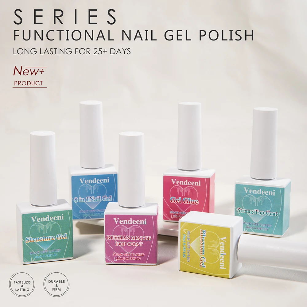 Vendeeni 6 Kinds UV Functional Gel Nail Polish Set 8In1 Base Coat Russian Matte Top Coat Structure Gel Blossom Gel Nail Tips Gel