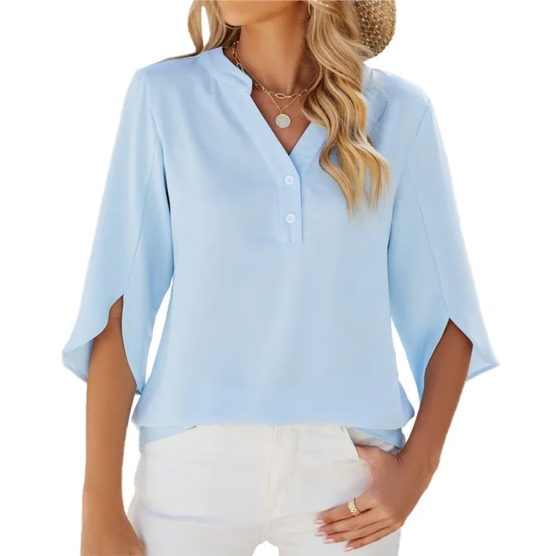 

Blue Elegant Spring New Shirt Top Women's V-neck Button Solid Color Petal Sleeve Mid Sleeve Loose Versatile Women's Bloude 2025