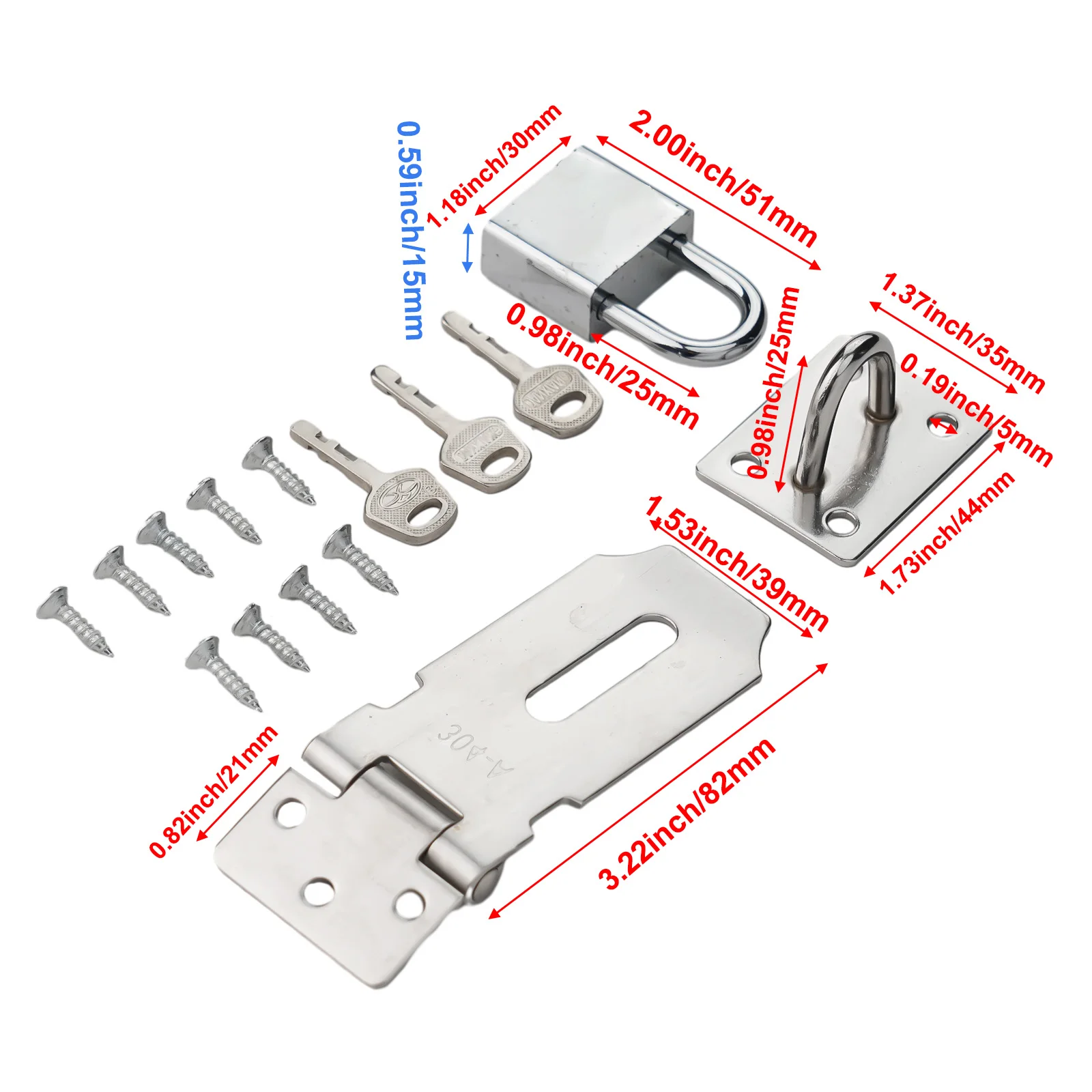 Door Clasp for Lock Gate Bolt Household Stainless Steel Staple Gate Door Lock With Keys 3 Inch Burglar-proof