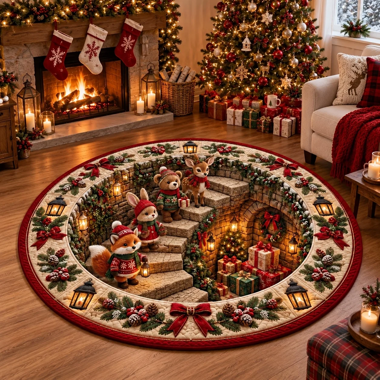 1pc 2D Flat Round Floor Mat, Christmas Animals & Gift Box Printed Rug, Holiday Home Decor, Suitable for Living Room