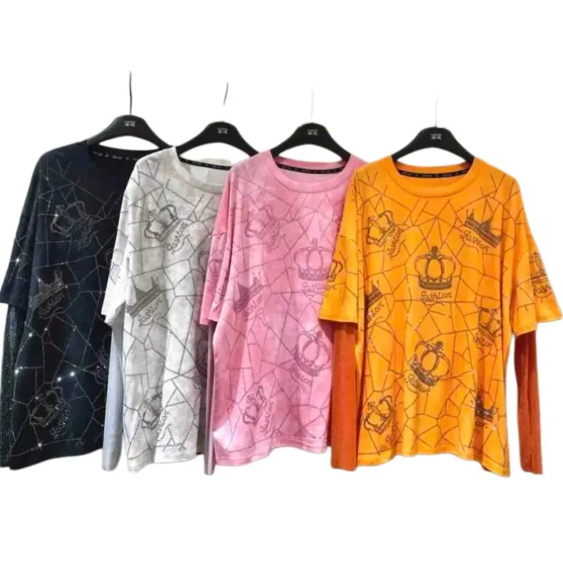 2026 New Summer Faux Two-piece Long Sleeve T-shirt Luxury Crown Hot Diamonds Oversize Pullover Top Round Neck Casual Basic Tees