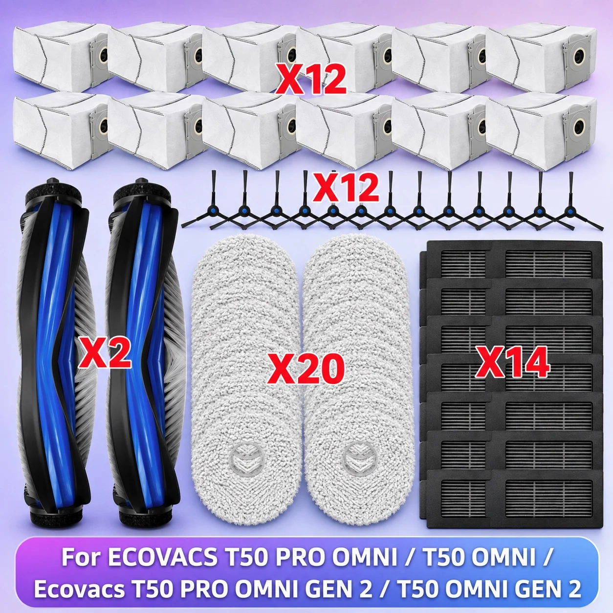 Compatível com Ecovacs T50 OMNI / T50 PRO OMNI / T50 PRO OMNI GEN 2 / T50 OMNI GEN 2 Peças de Aspirador Rolo Principal Escova Lateral Filtro Hepa Pano de Esfregão Saco de Poeira Acessórios