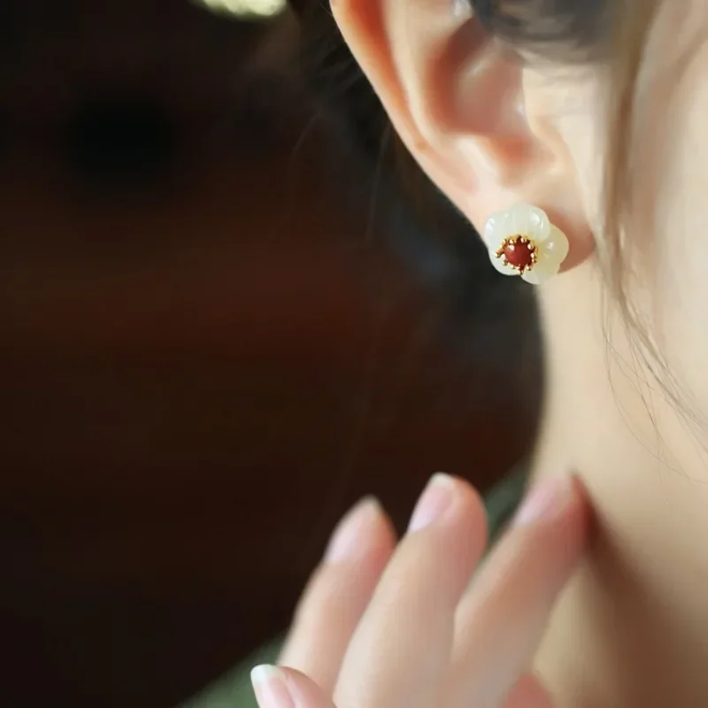 Natural Hotan Jade White Flower earrings for women Vintage South Red Tourmaline Plum Blossom earings stud Chinese Style Jewelry
