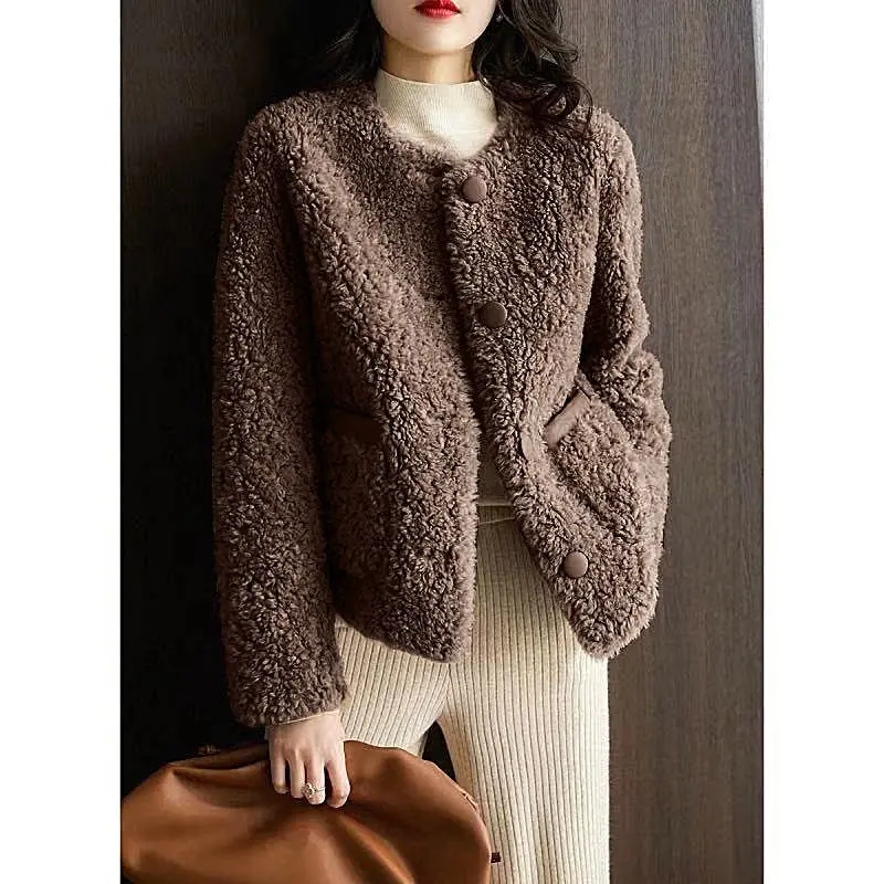 Women Autumn Winter New Outerwear Warm Round Neck Single Breasted Short Jacket Comfortable and Casual Solid Color Lambswool Coat