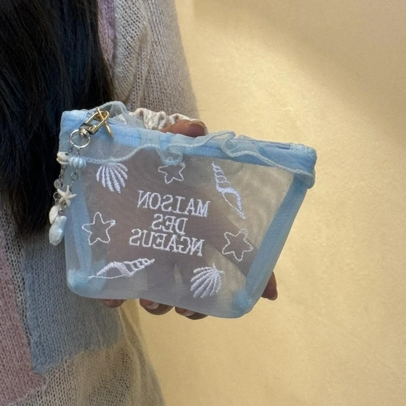 

Beach Makeup Bag Mesh Blue Starfish Shell Holiday Korean Cute Embroidery Makeup Bag Women's Portable Lipstick Storage Bags