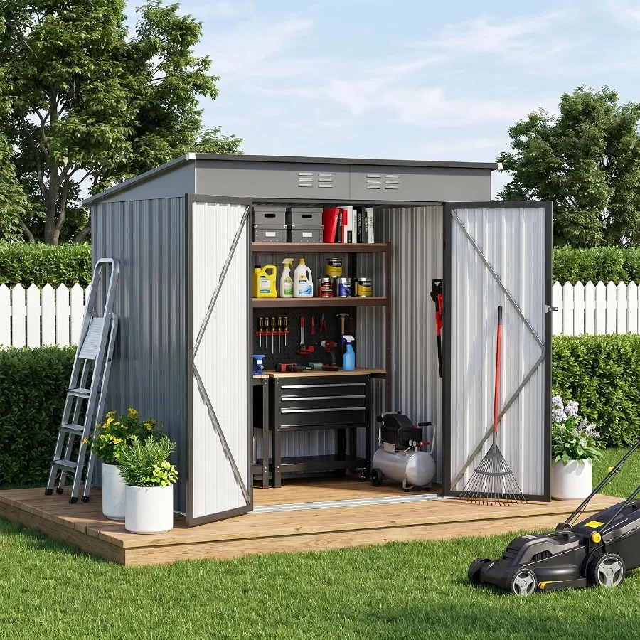 Outdoor storage shed for backyard patio lawn use, waterproof metal construction, gray color, lockable door and air vents for ve