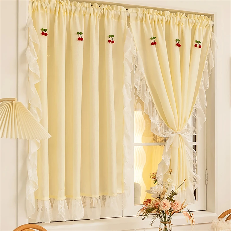 

1PC Red Cherry Ruffle Flounce Short Curtain For Kitchen Bay Window Yellow Linen Breathable Light Filtering Drapery Half Curtains