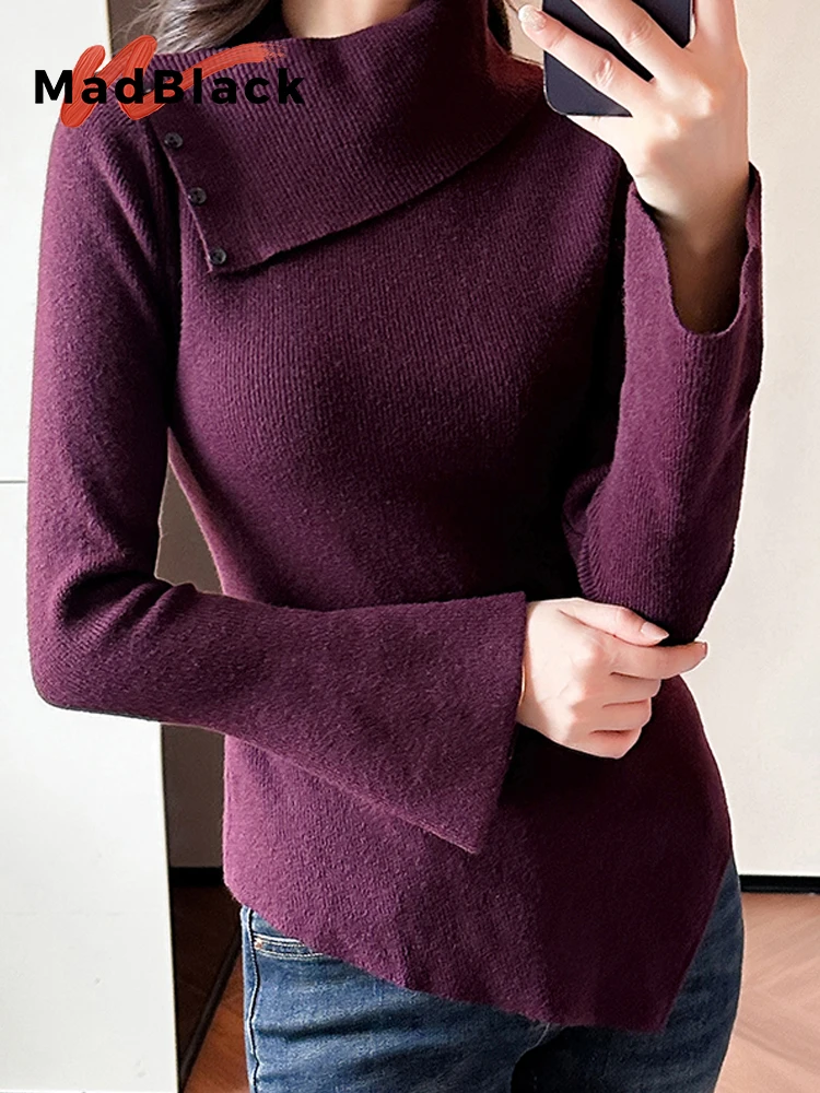 

MadBlack-женский европейский свитер, сексуальные пуговицы с отложным воротником, модный тонкий трикотаж с длинными рукавами, новинка зимы 2025 T5O845CC