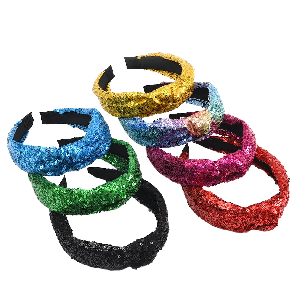 

Simple Knotted Cross-Over Bow Hairband with Colorful Sequins – Elegant Fabric Hair Accessory for Women