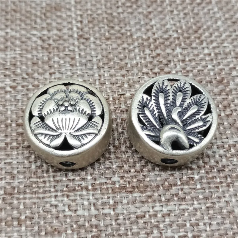 1 Piece Double Sided Oxidized Peacock Flower Bead in 925 Sterling Silver