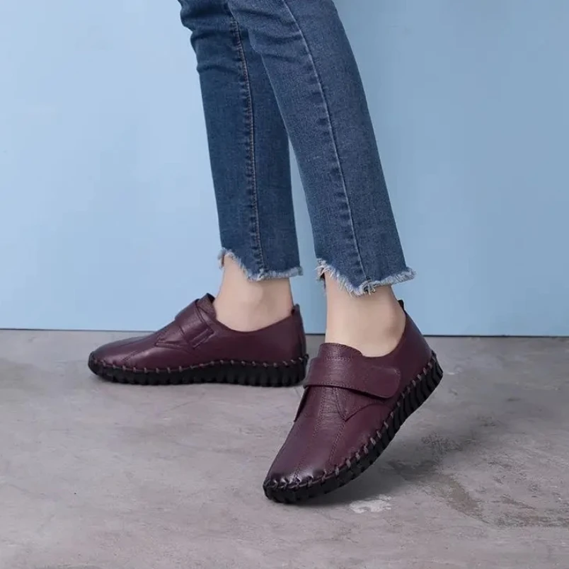 2025 أحذية من الجلد الحقيقي للمرأة الخريف الشقق الإناث هوك حلقة أحذية تقويم العظام حجم كبير 42 المرأة المتسكعون #1