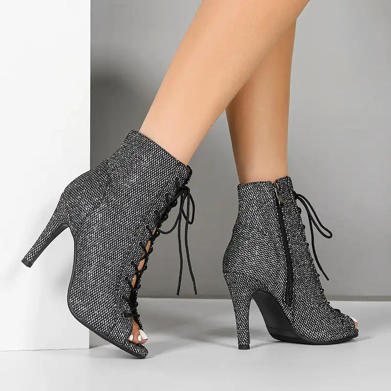 Women's Peep Toe Ankle Boots Peep Toe Lace up High Heel Stiletto Side Zipper Dance Booties for Latin Salsa Ballroom Jazz Stage P
