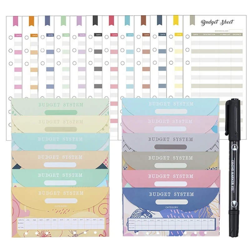 25Pcs 6-Holes Tracking Budget Sheets Budget Envelope and Marker Pen Set