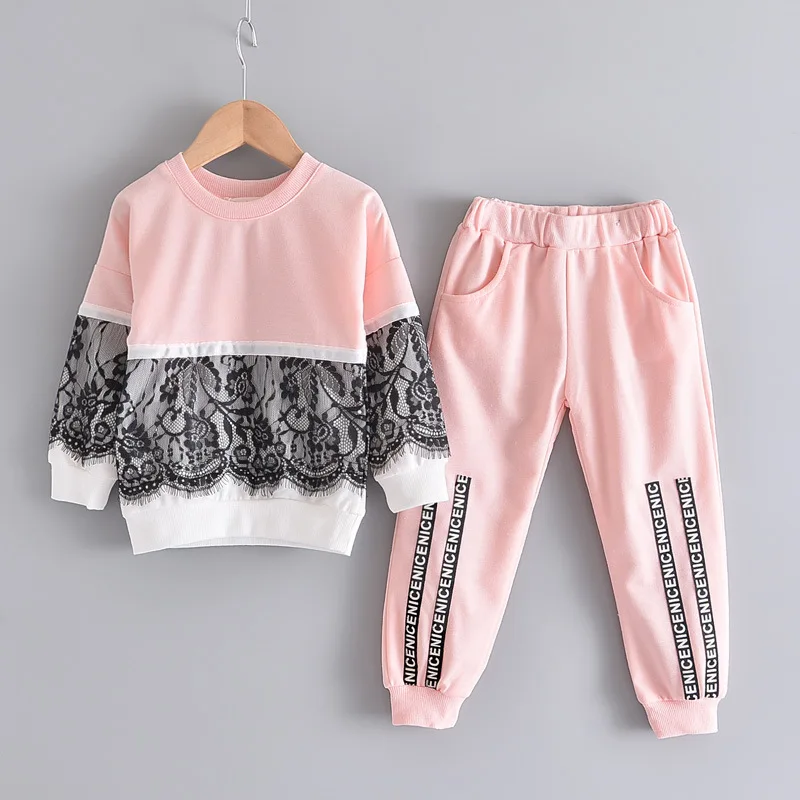 

Girls Clothing Sets New New Spring Active Girls Clothes Lace Children Clothing Cartoon Print Sweatshirts Pants 2pcs Suit 3-7Year