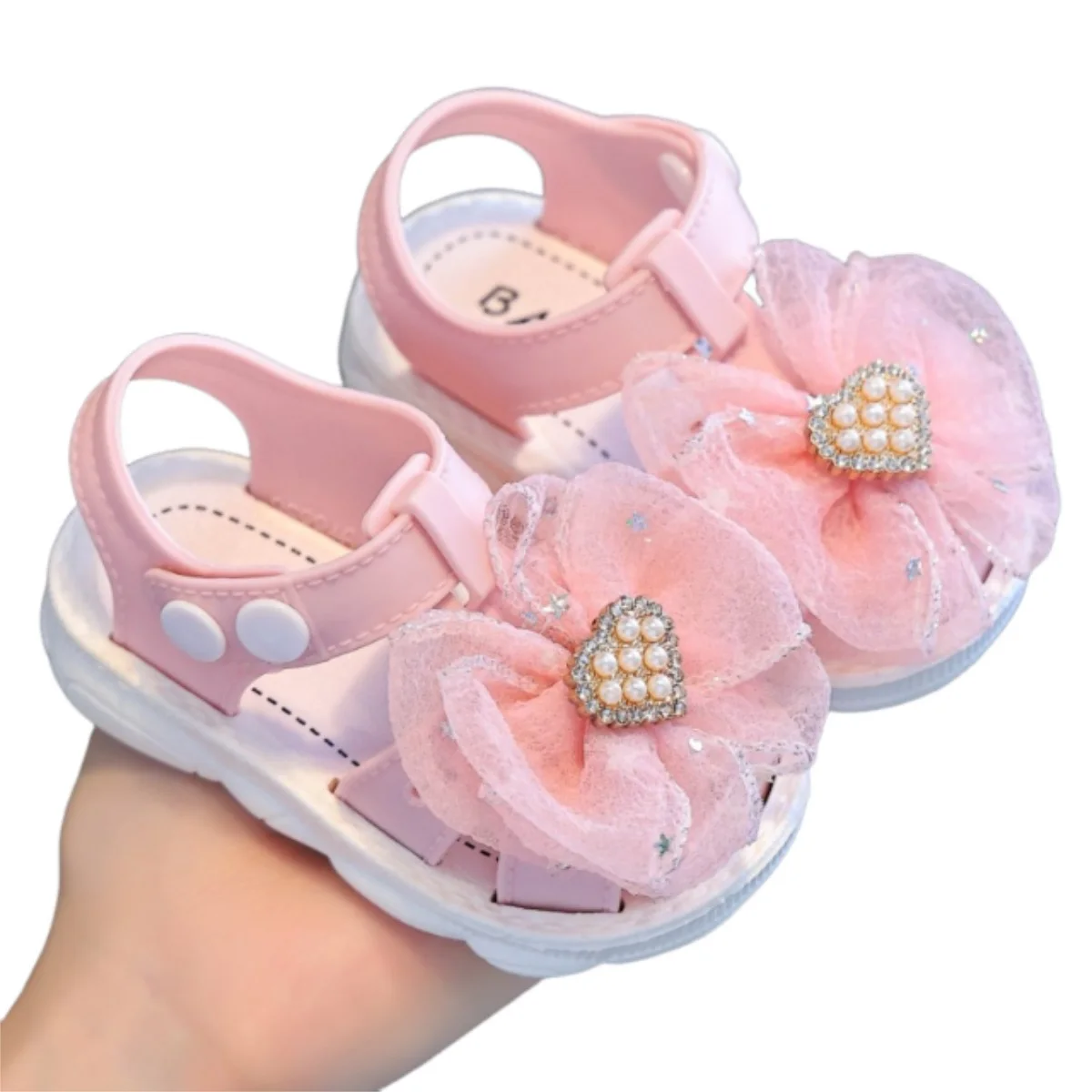 

Toddler Girl Sparkle Glitter Bowknot Sandals with Rhinestone Pearl Heart Detail Soft Sole Non-Slip Closed Toe Walking Shoes