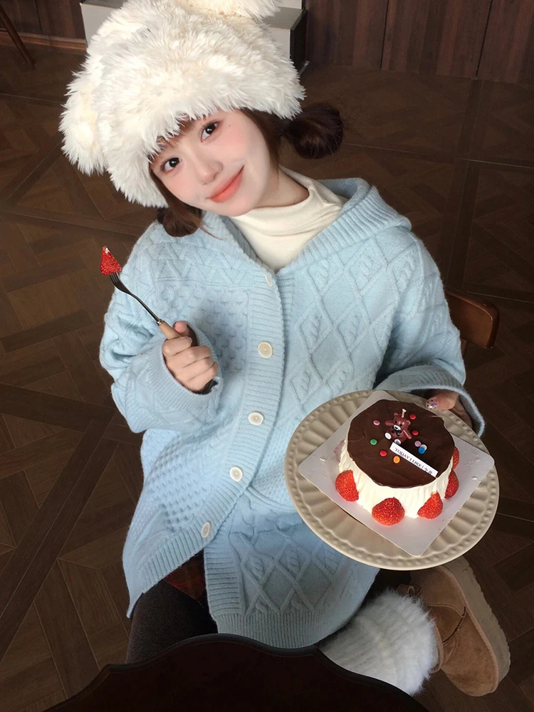 

Винтажный американский вязаный свитер-пальто для женщин, повседневная зимняя верхняя одежда, с V-образным вырезом, длинными рукавами, капюшоном, винтажный, в стиле «ленивый шик», топ