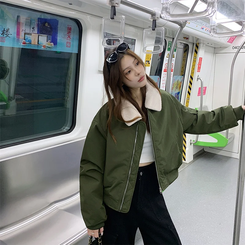 

Faux Lamb Wool Collar Army Green Baseball Jacket Women Retro Biker Style Cotton Coat Winter Lapel Zipper Thicken Warm Parkas