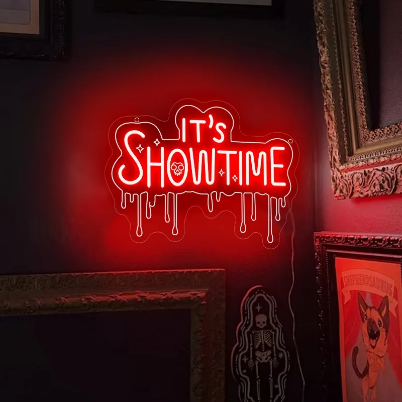 

Неоновая вывеска It's Showtime, светодиодный настенный светильник с изображением черепа, извергающего кровь, готический декор в стиле хоррор для бара, идеальный подарок для любителей фильмов ужасов.