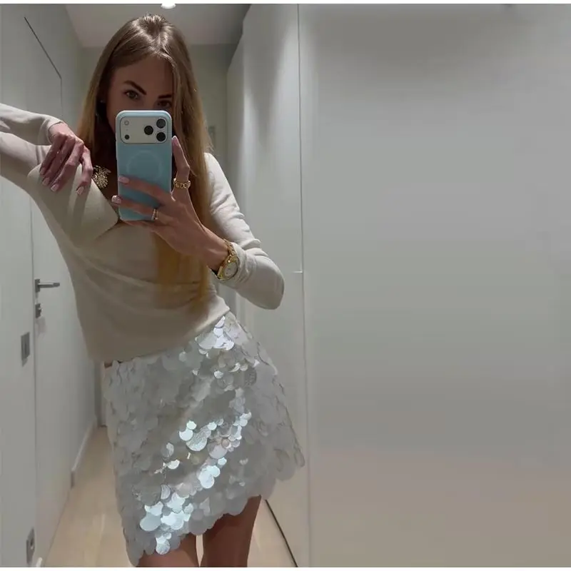 Fashion Women's Sequined Mini Skirts Solid High Waist Short A-line Beach Female Skirt 2026 Spring Summer Lady Y2k Party Clothes