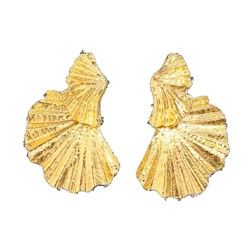 

Металлические серьги-гвоздики с двойным веером, нишевый дизайн, подиум, темперамент, ювелирные серьги