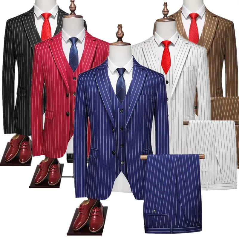 

Новый мужской деловой деловой костюм в полоску, комплект из 3 предметов, черный/красный, модный мужской свадебный банкетный костюм, куртка и брюки с жилетом