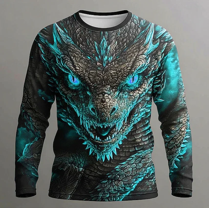Men Cool Fantasy Ice Dragon 3D Print Long Sleeve T-shirt Polyester Fiber O-neck Casual Streetwear Animal Graphic Tops