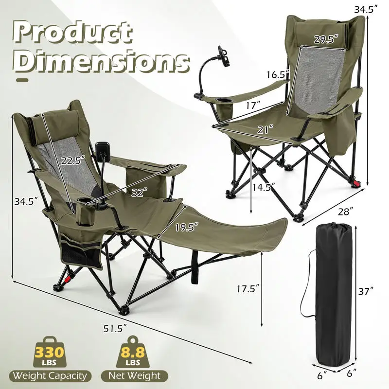 Foldable Camping Recliner Chair With Detachable Footrest, 3-Position Adjustable Backrest, Breathable Mesh Outdoor Lounge Seat For Patio Balcony, Portable No Assembly Required, Green