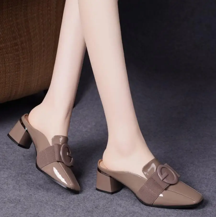 

Heeled Slippers For Women Flip Flops Korean Patent Leather Slippers Women Pantuflas Ladies Slides Mules Chinelos Woman Chanclas