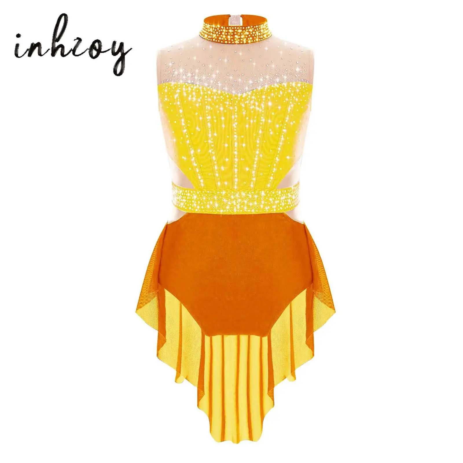 

Kids Girls Figure Skating Gymnastics Leotard Sleeveless Shiny Rhinestones Mesh Overlay Skirted Bodysuit for Ballet Dance Dress