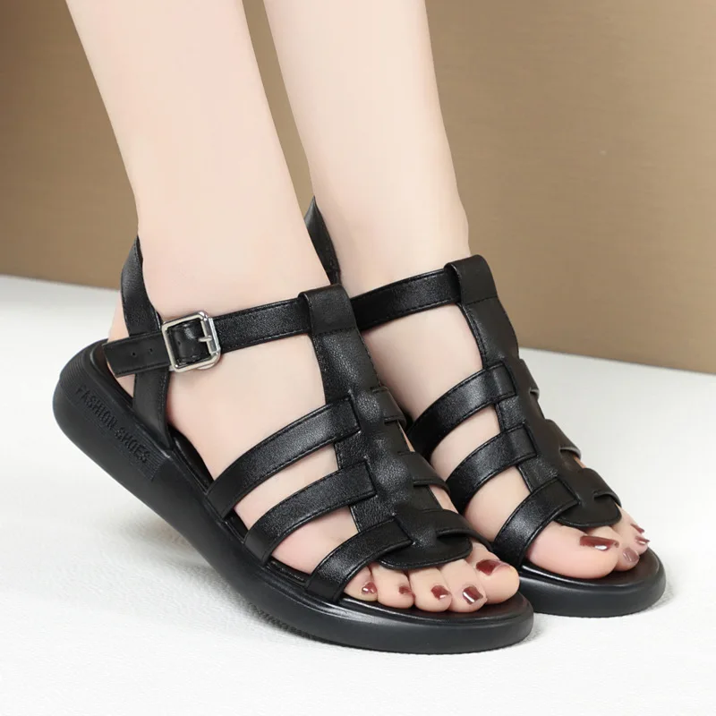 DRKANOL Fashion Summer Sandals Women Split Leather Open Toe Buckle Flat Casual Sandals Ladies Concise Roman Shoes Big Size 41 42