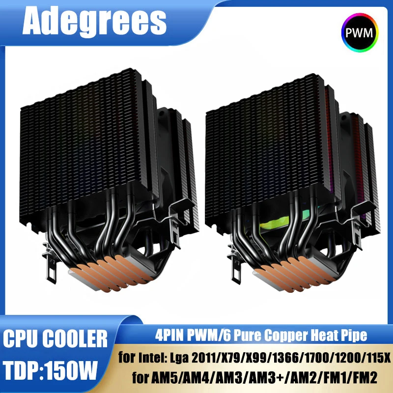 Enfriador de CPU X99 con 6 Tubos de Calor y Ventilador RGB para Intel LGA 775 1150 1151 1156 1366 1200 1700 2011 AMD AM3 AM4 AM5, Torres Negras