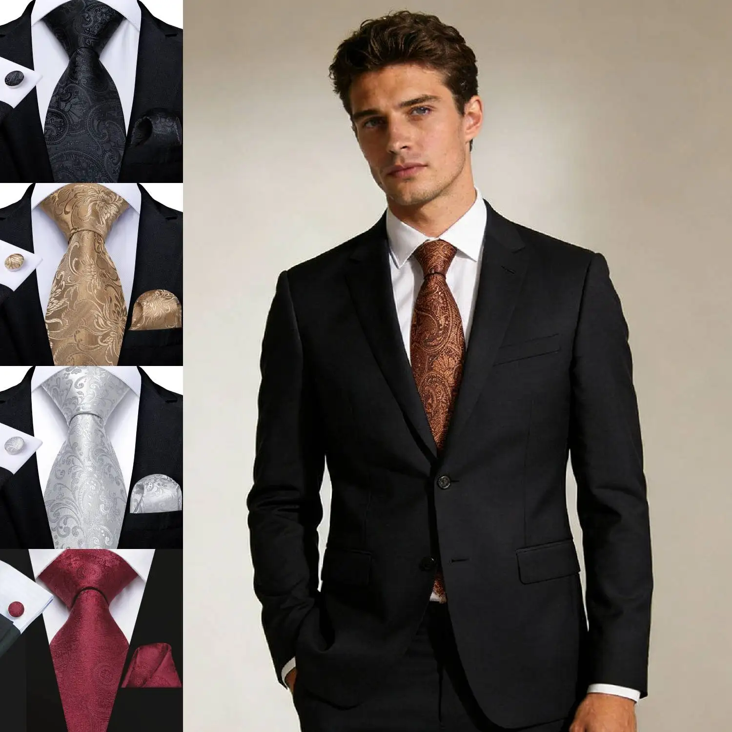 Tie Set for Men, 3-Piece Wedding Accessories with Cufflinks & Pocket Handkerchief, Striped/Floral Design