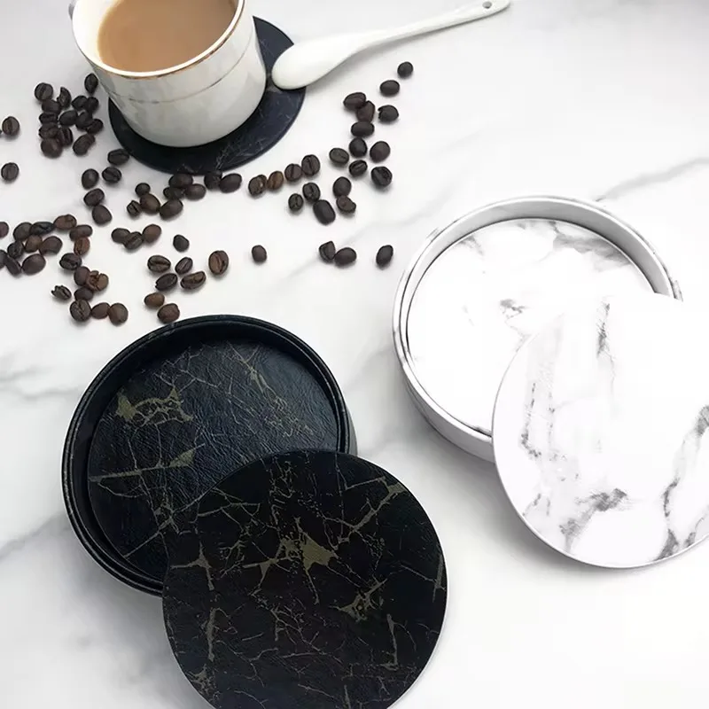 6PCS Hot Sale PU Leather Marble Coaster Drink Coffee Cup Mat Easy To Round Tea Pad Table Holder Clean Placemats Set