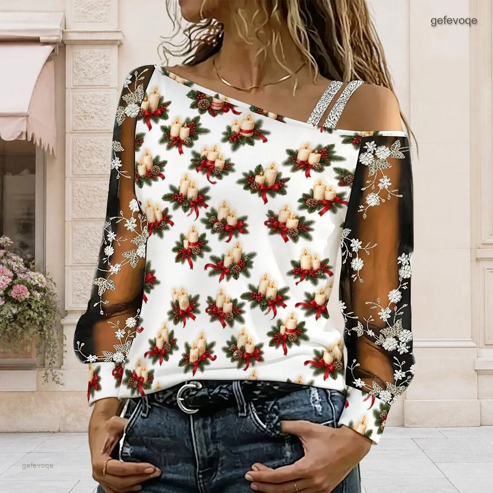 Women Christmas Red Cowboy Boot Holly Berry Printed Asymmetric Cold Shoulder Long Sleeve Sheer Embroidered Top