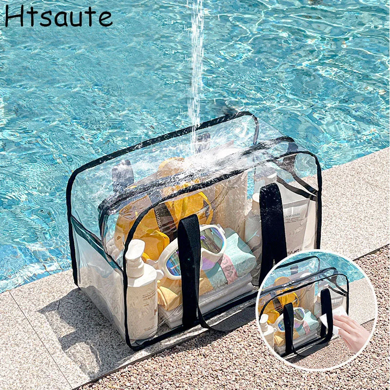 

Summer Beach Bag PVC Transparent Waterproof Makeup Bags with Zipper/button for Women Big Capacity Toiletry Bags Home Storage