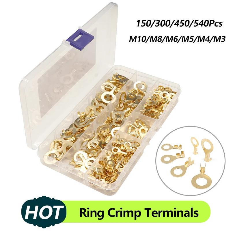 

Boxed Ring Crimp Terminals Electrical Wire Connectors M3 M4 M5 M6 M8 M10 Round Brass Ferrule Lugs For Quick Splicing Cables