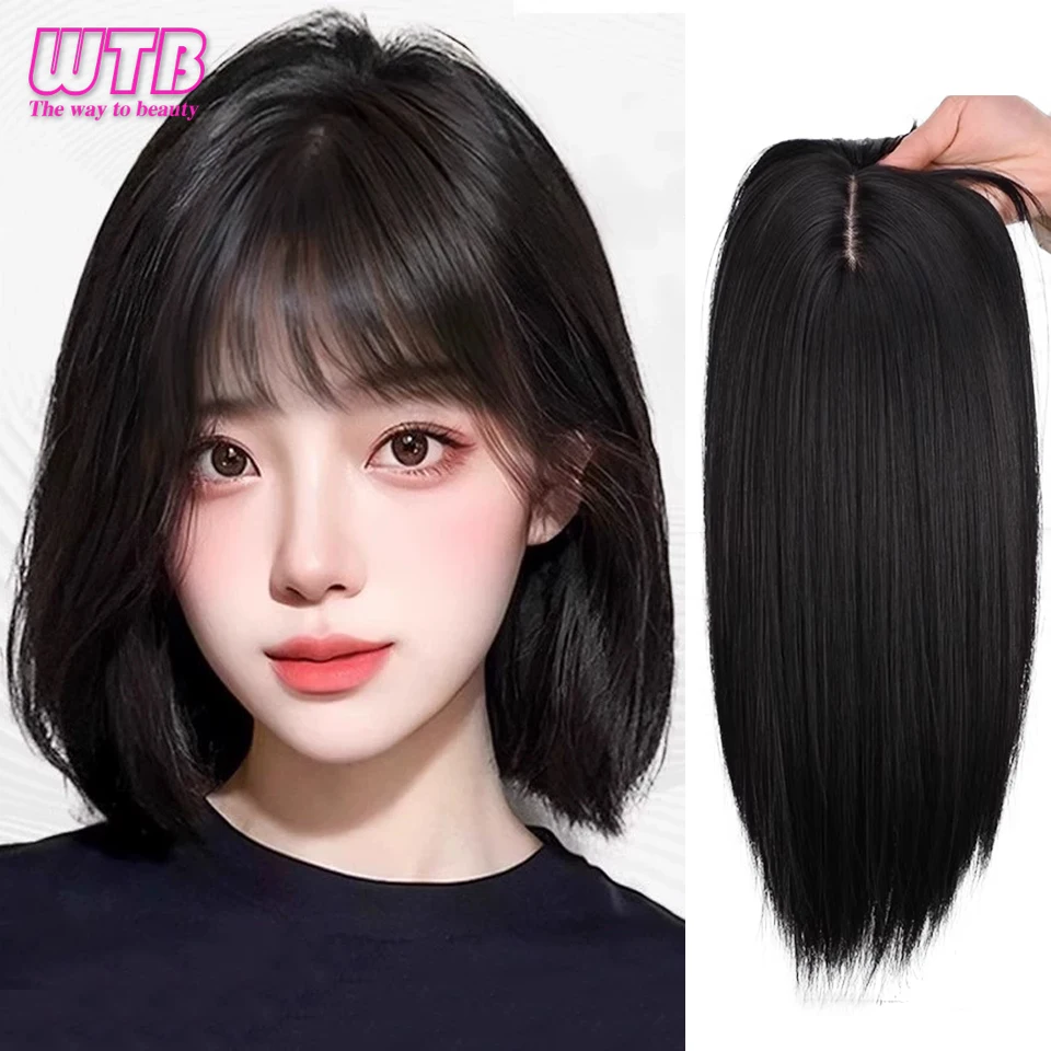 Synthetic Hair Topper With Bangs Invisible 3D Hair Toupee Hairpieces Top Hair Closures for Men and Women