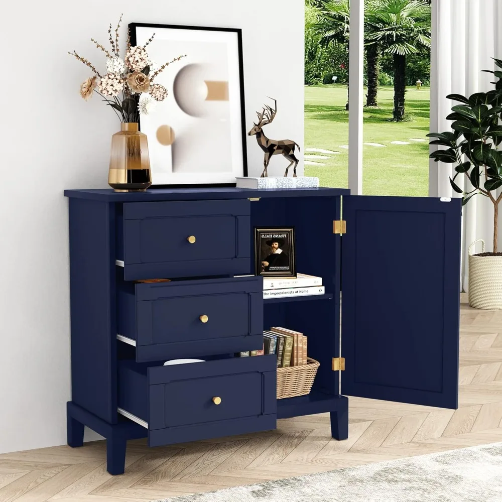 There are 3 drawers and doors, wooden lockers with shelves, living room sideboard, entryway, navy blue