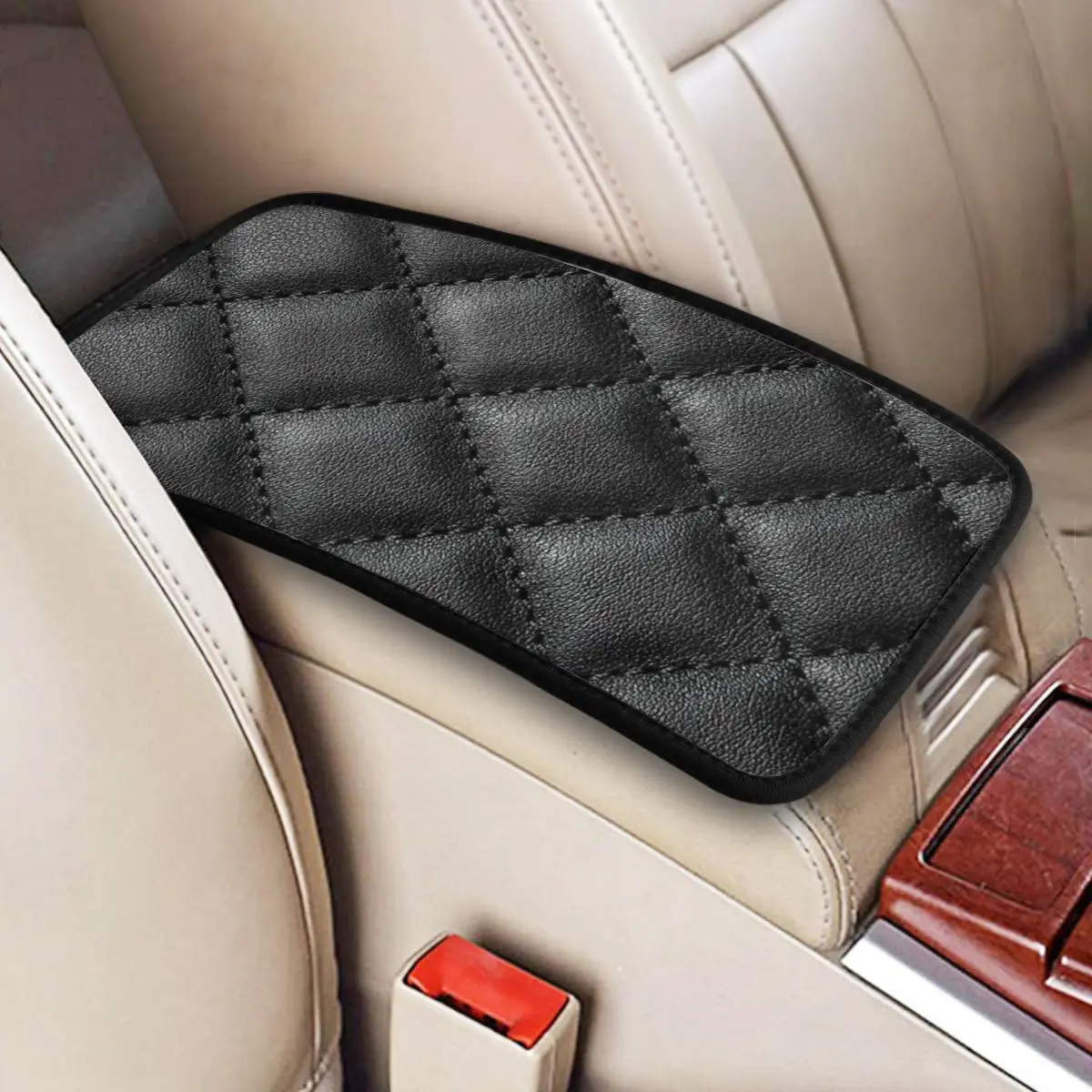 

Black Quilted Leather Skin Design Car Accessories Car Handrail Box Cushion Custom Print Non-slip Car Armrest Cover