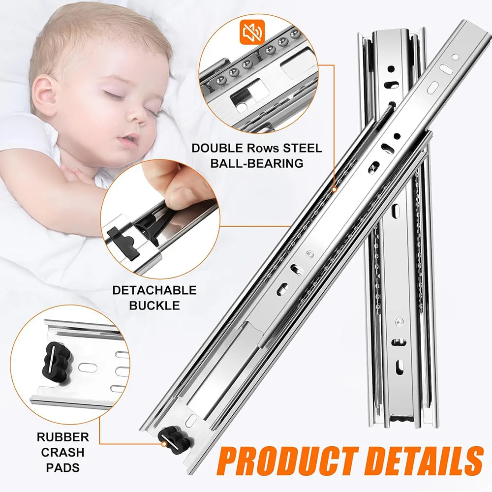 45mm Wide 3-section Thickened Drawer Slides Ball Bearing Rails For Cabinet & Furniture Cold Rolled Steel Load Capacity 45kg