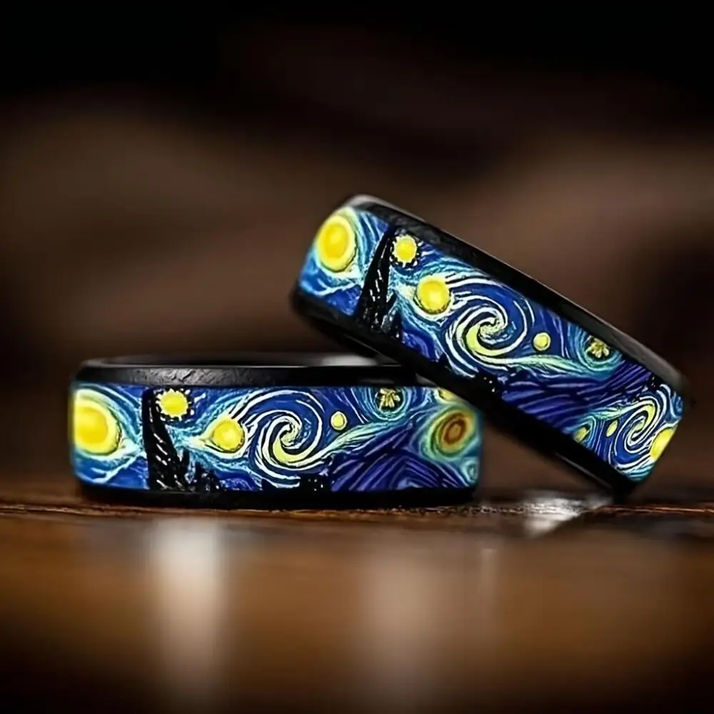 Wholesale Vintage The Starry Night Pattern Ring Fashion Oil Painting Stainless Steel Rings for Men Women Wedding Band Jewelry