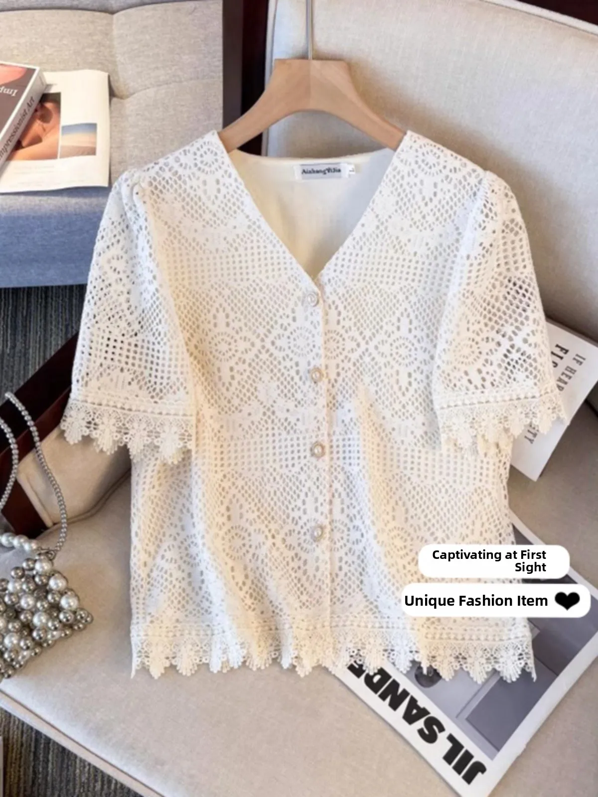 

Elegant Lace Hollow out V-Neck Short Sleeve Shirt Women's Summer plus Size Fashion Top Korean Style Loose Fit Single Piece