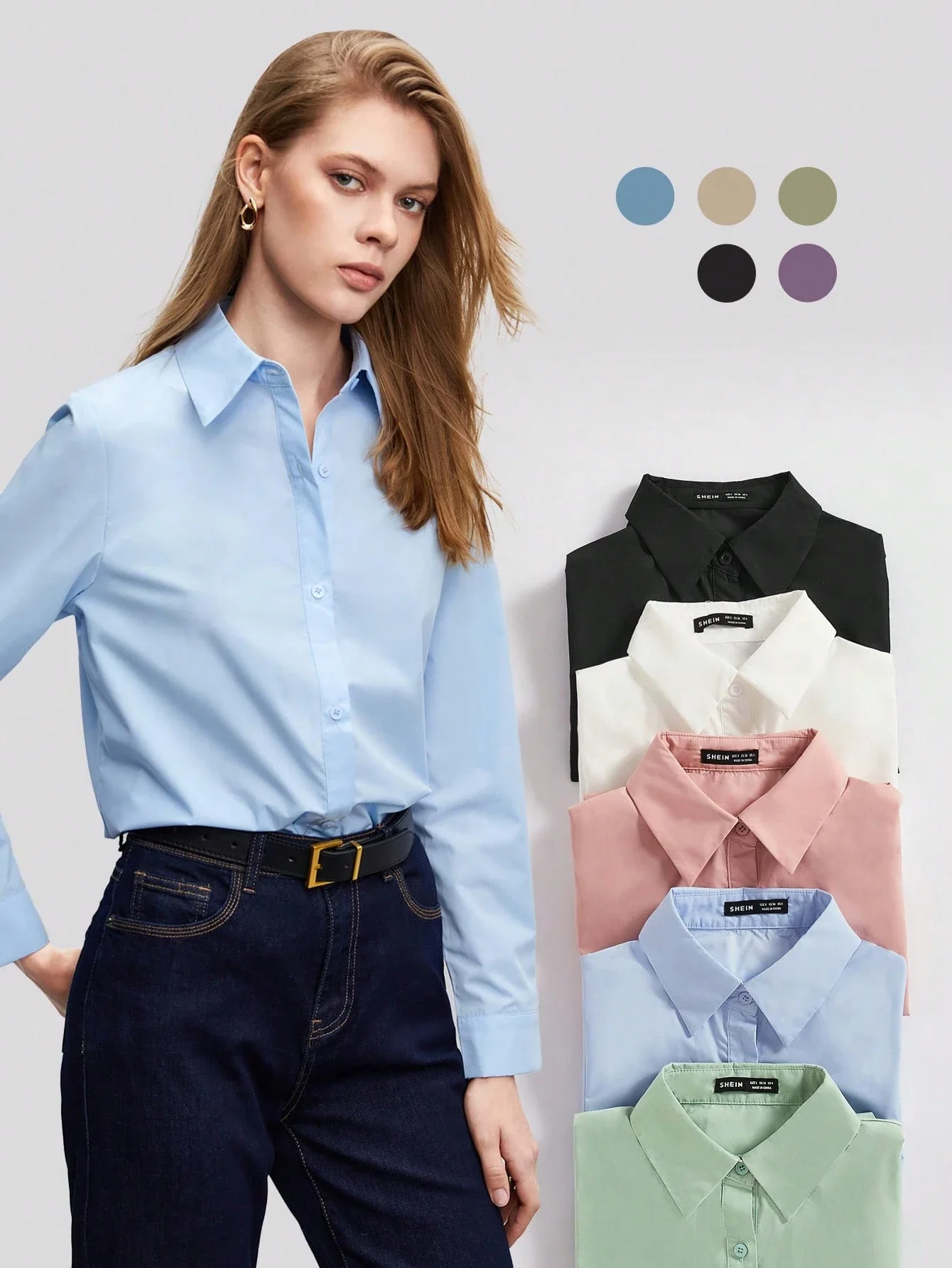 

Solid Color Button-Up Shirt Long Sleeve Casual Blouse For Work Commute Office