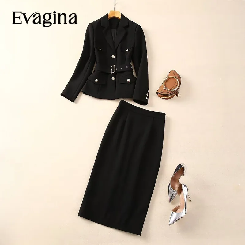 Evagina-Veste à Manches sulfet Col à Revers pour Femme, Tenue de Styliste, Style Frenulum Imbibé, Jupe Ronde aux Hanches, Ensemble de 2 Pièces, Nouvelle Mode