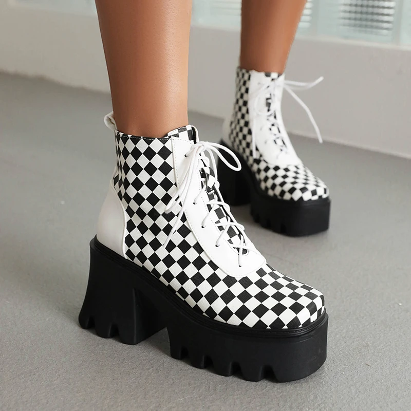 Black And White Checkerboard Square Toe Cutout Chunky Heel High Platform Short Boots Cross Lace-Up Mixed Colors Ankle Boots