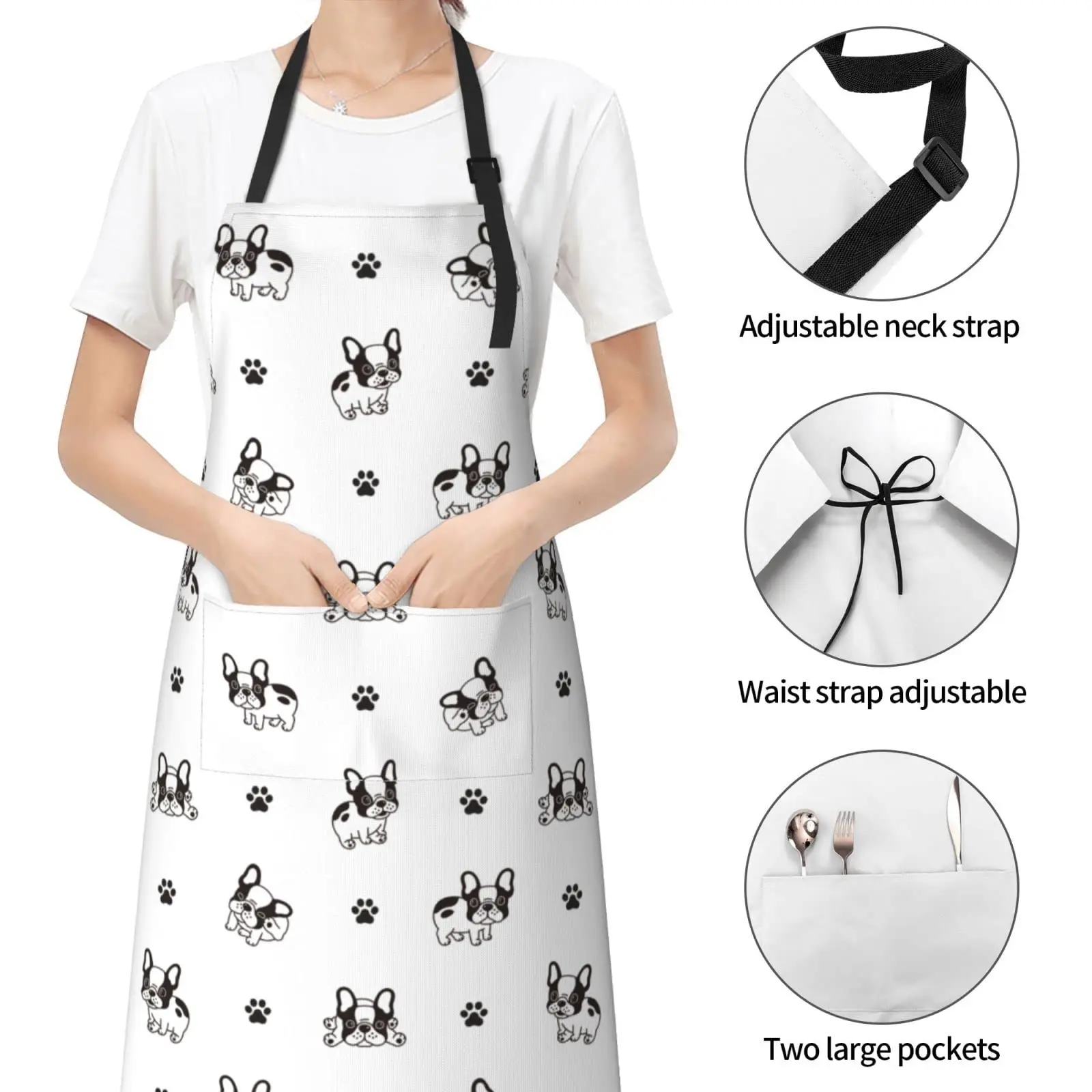 French Bulldog Paw Waterproof Bib Apron with 2 Pockets, Adjustable Kitchen Chef Apron for Men Women Cooking Grooming Bbq