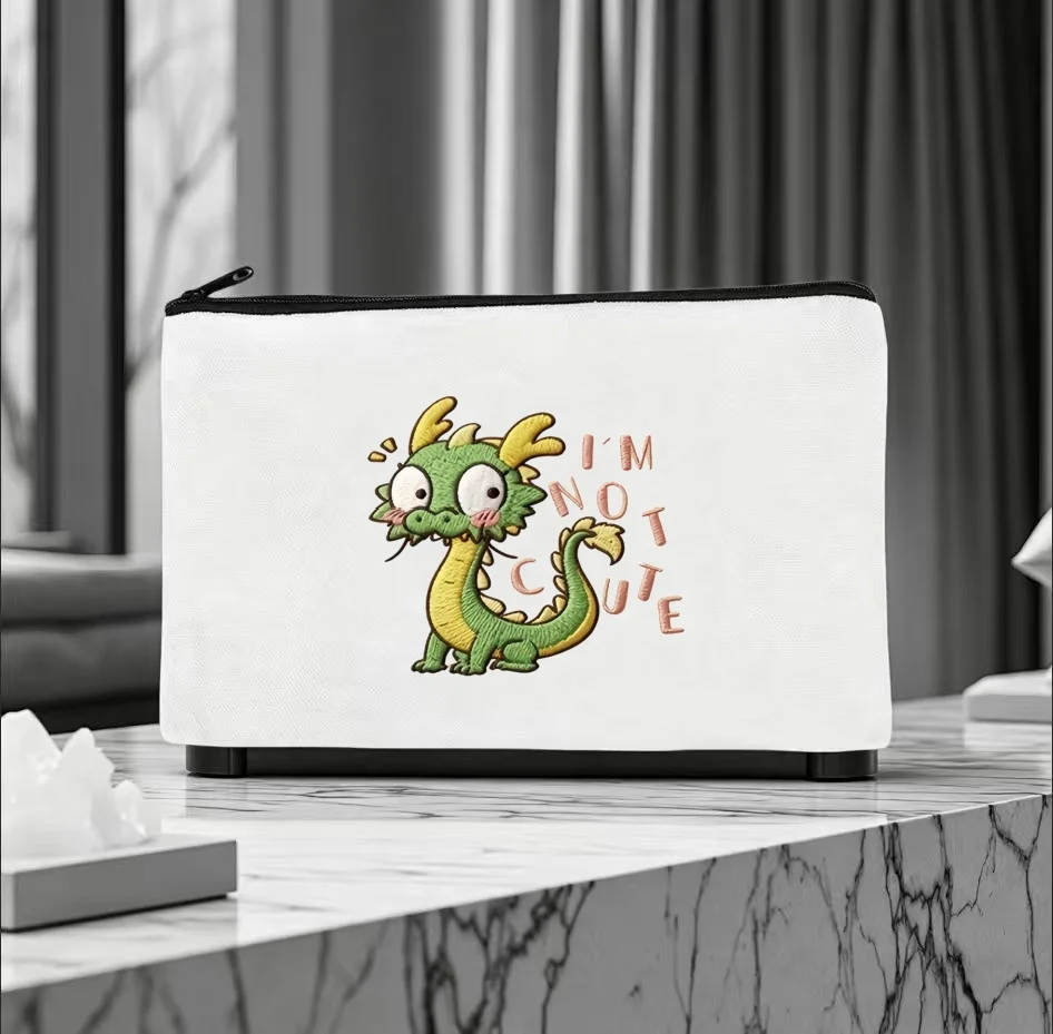 1PC Cartoon Blush Little Dragon Funny Slogan Print Makeup Bag Double Sided Canvas Daily Storage Organizer