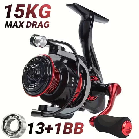 블랙 레드 디자인 1000-7000 시리즈 볼 베어링 13+1 15KG 최대 드래그 스피닝 릴 메탈 바디 민물/바닷물 낚시 릴